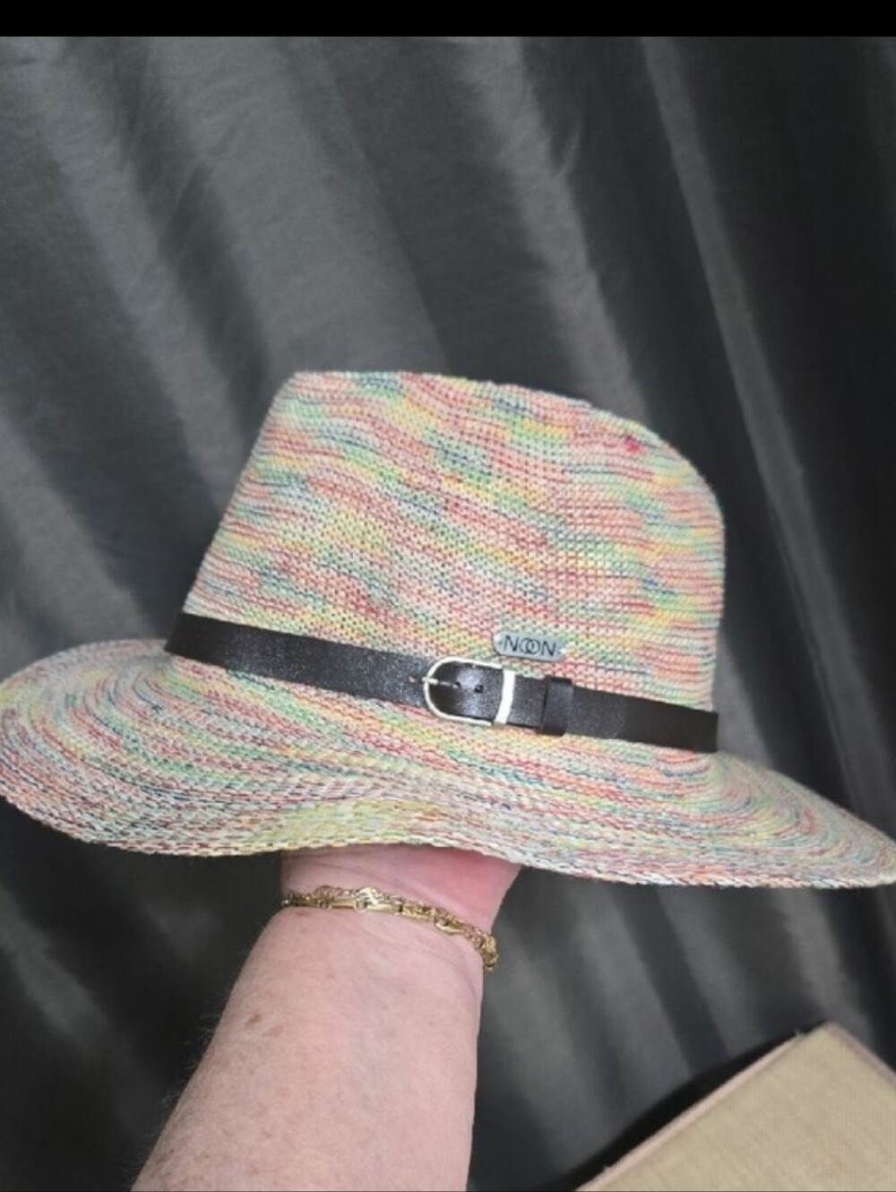 Like-new Multicolor Straw Fedora Hat with Black Band